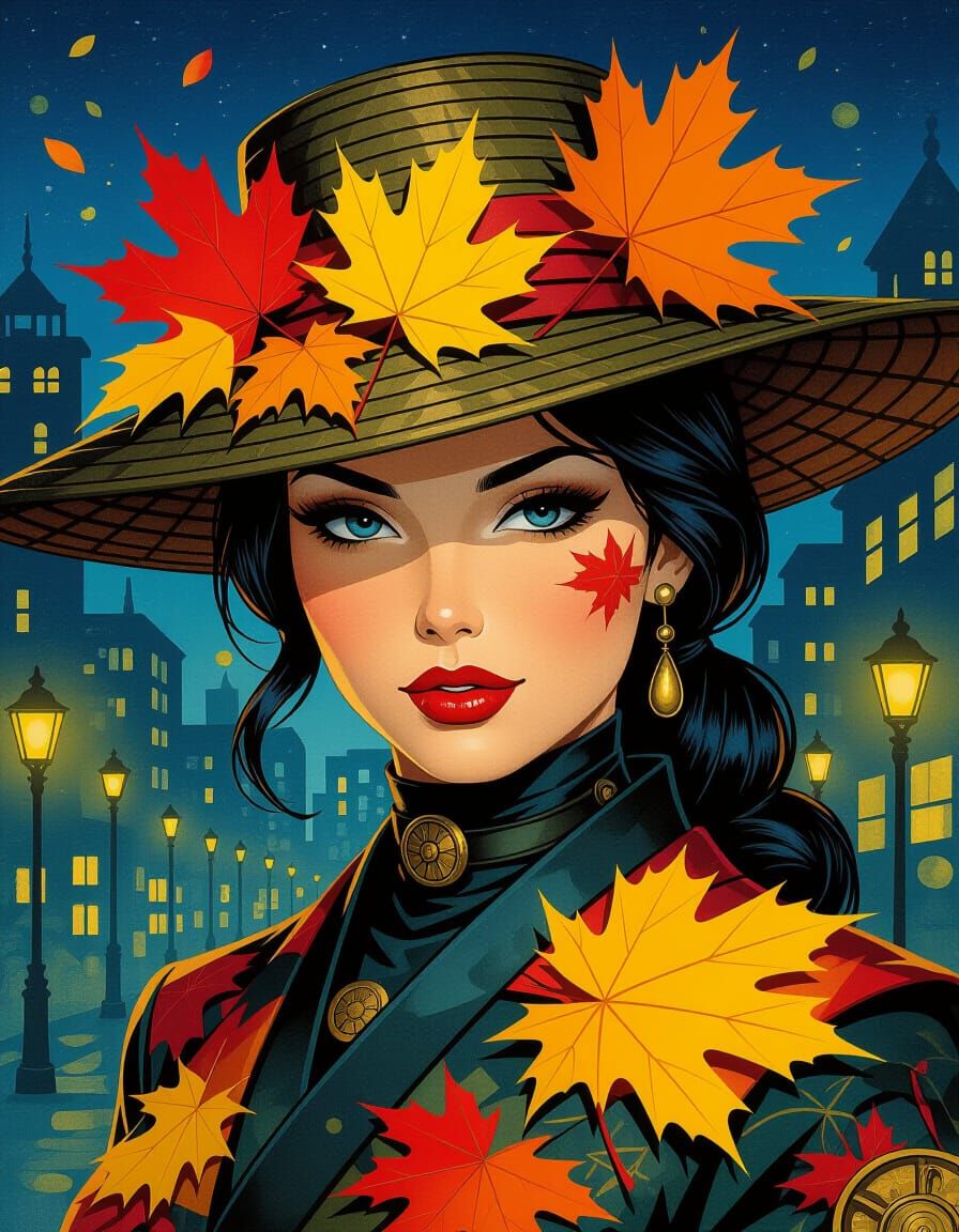 Steampunk Ninja Woman in Autumn Leaf Hat