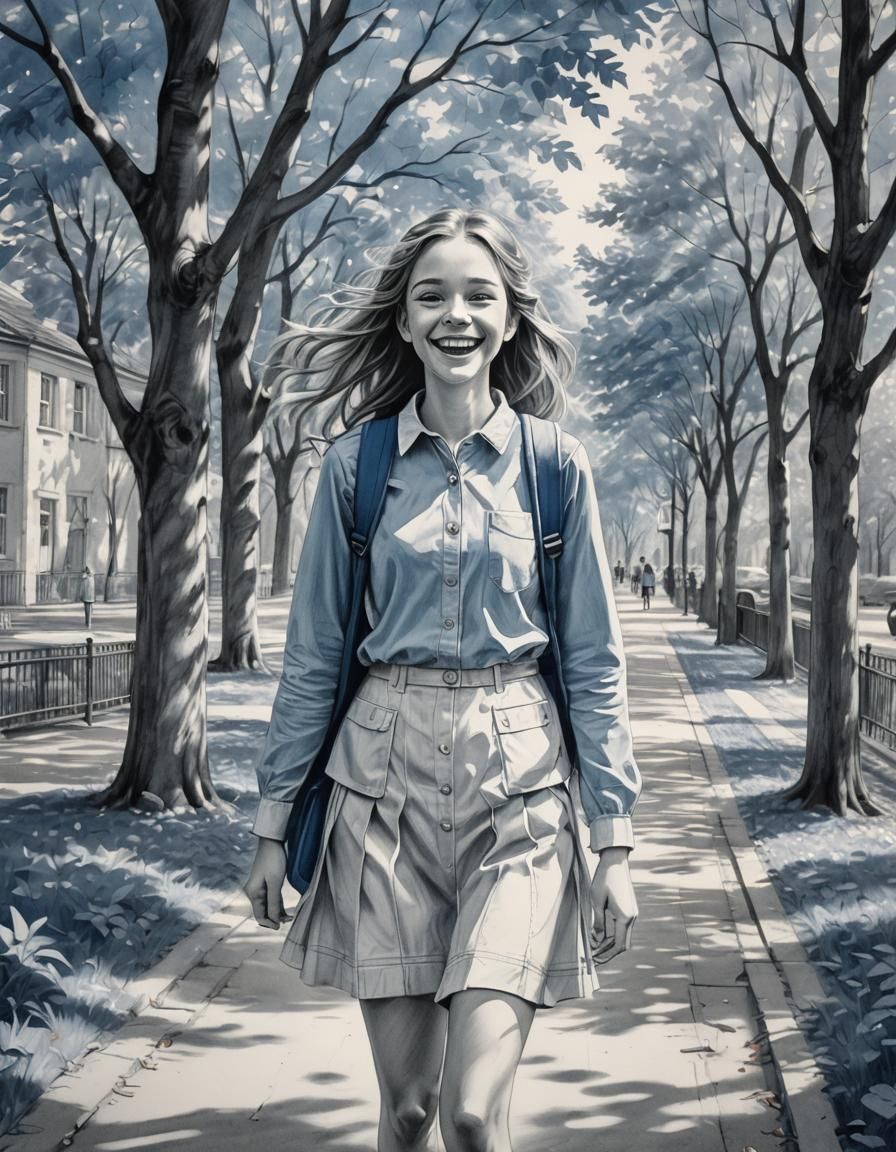Joyful Schoolgirl in Park, Monochrome Pencil Drawing
