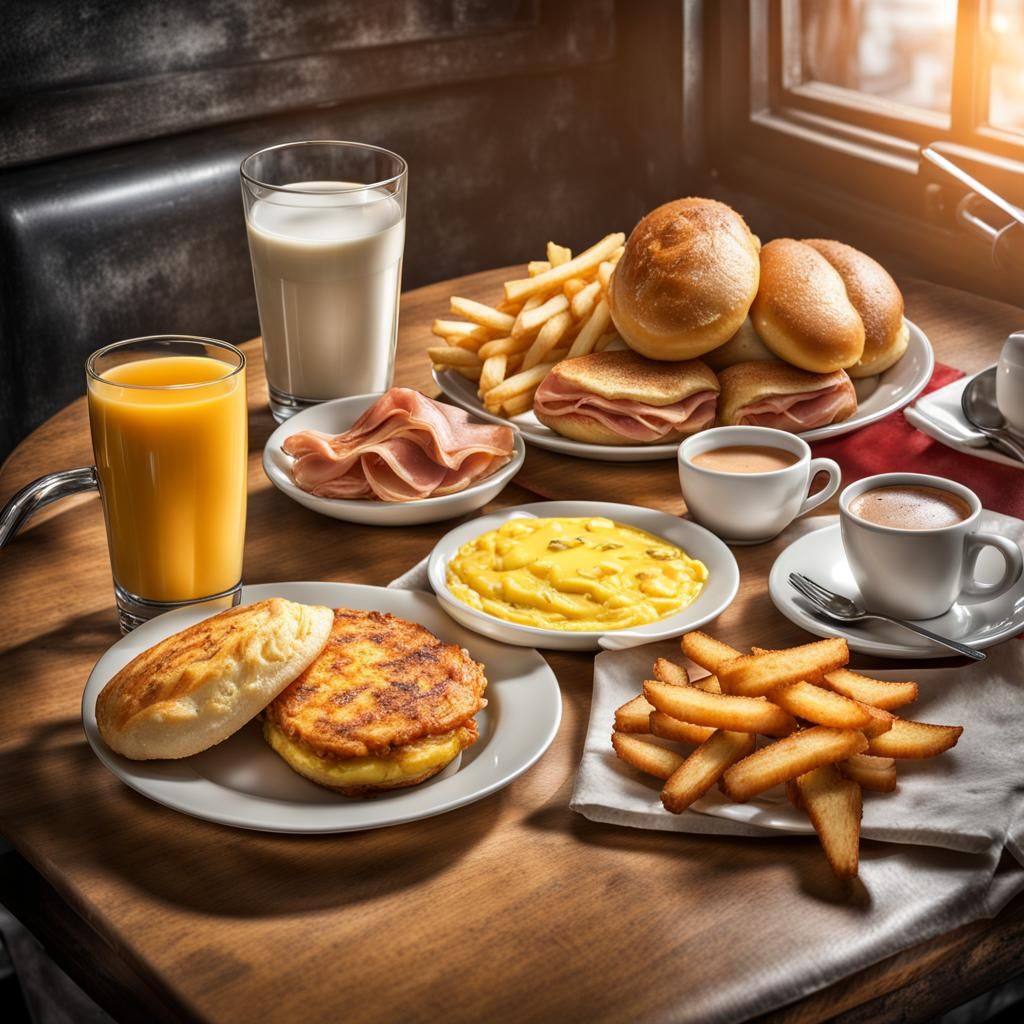 Hyperrealistic Breakfast Still Life with Omelette and Drinks