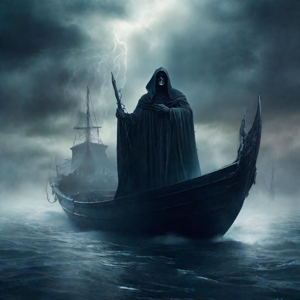 Grim Reaper's Ethereal Boat of Souls: Dark Fantasy Art