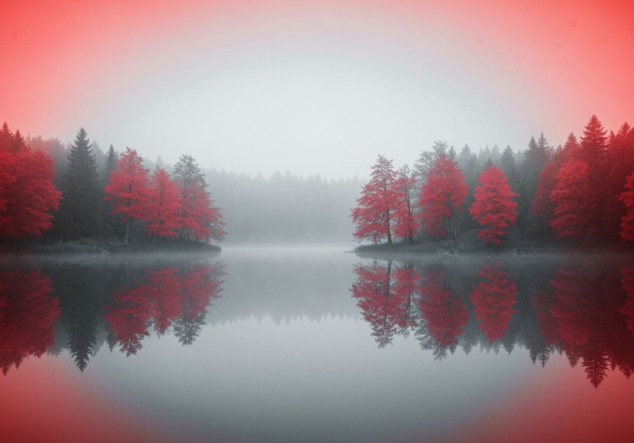 Dreamy Red Forest Reflected in Calm Lake