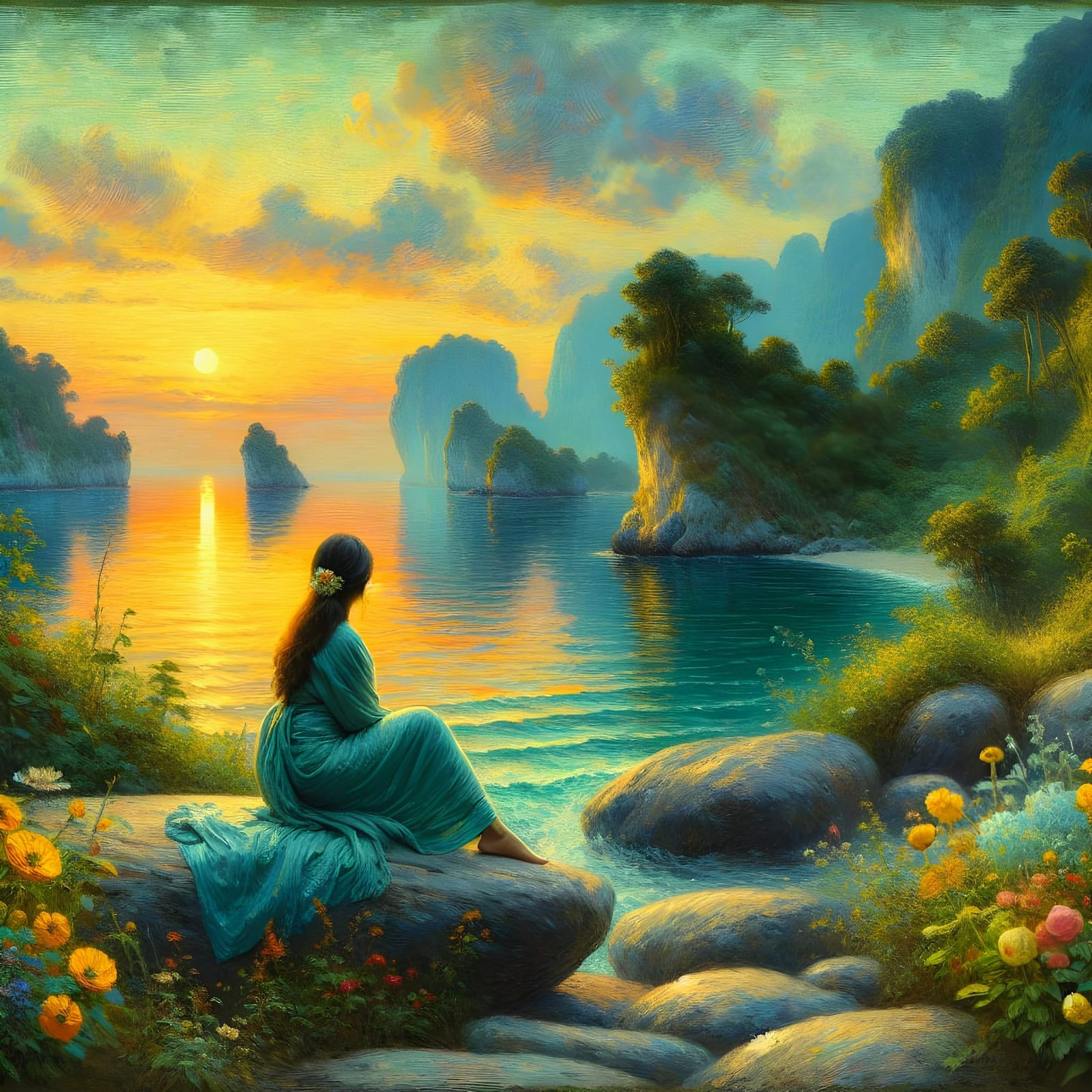 Serene South Asian Woman Contemplates Oceanic Landscape in I...