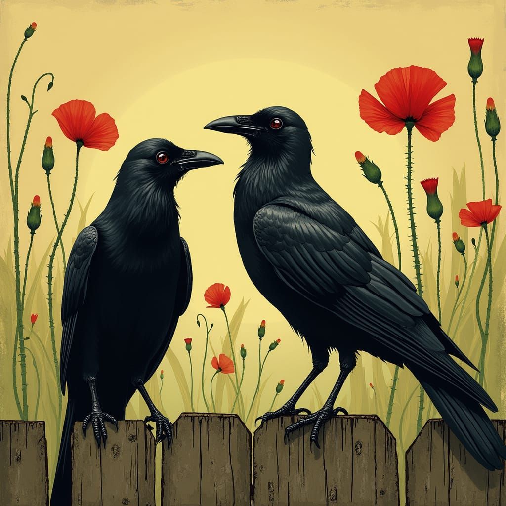 Mysterious Crows with Red Poppies in Folk-Art Style