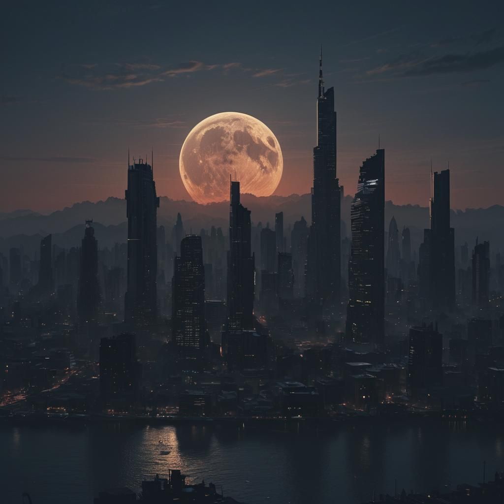 Dramatic Cityscape Silhouette at Dusk: Digital Matte Paintin...