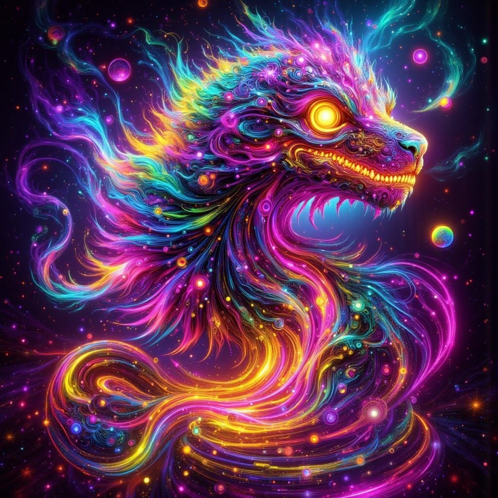 Liquid-Metal Creature with Rainbow Neon Hues