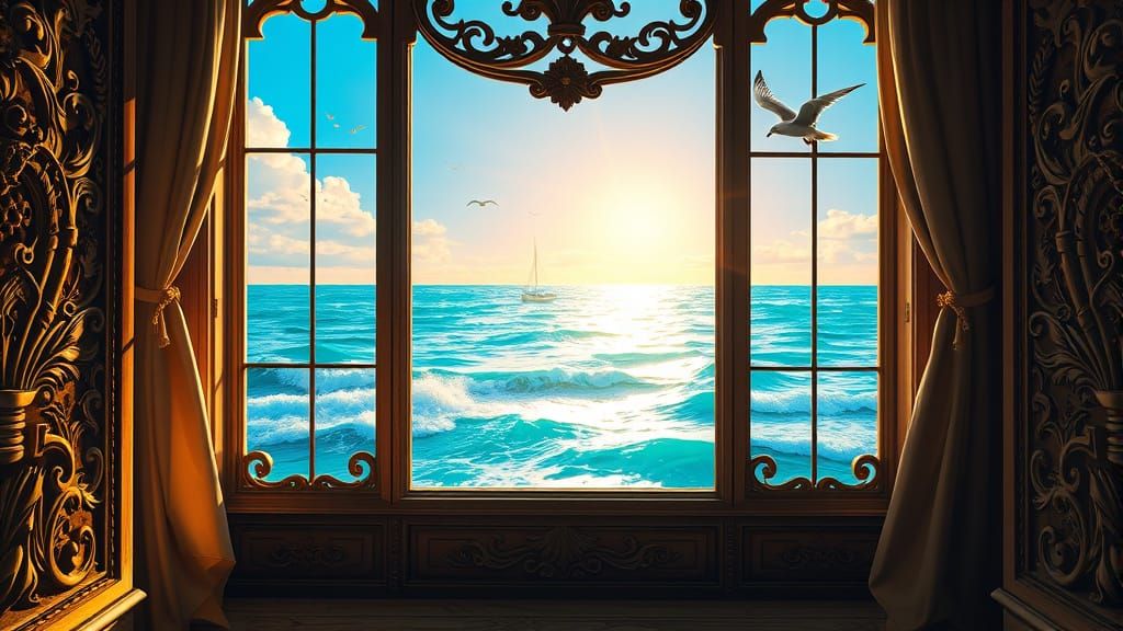 Turquoise Sea View Through Elegant Carved Window