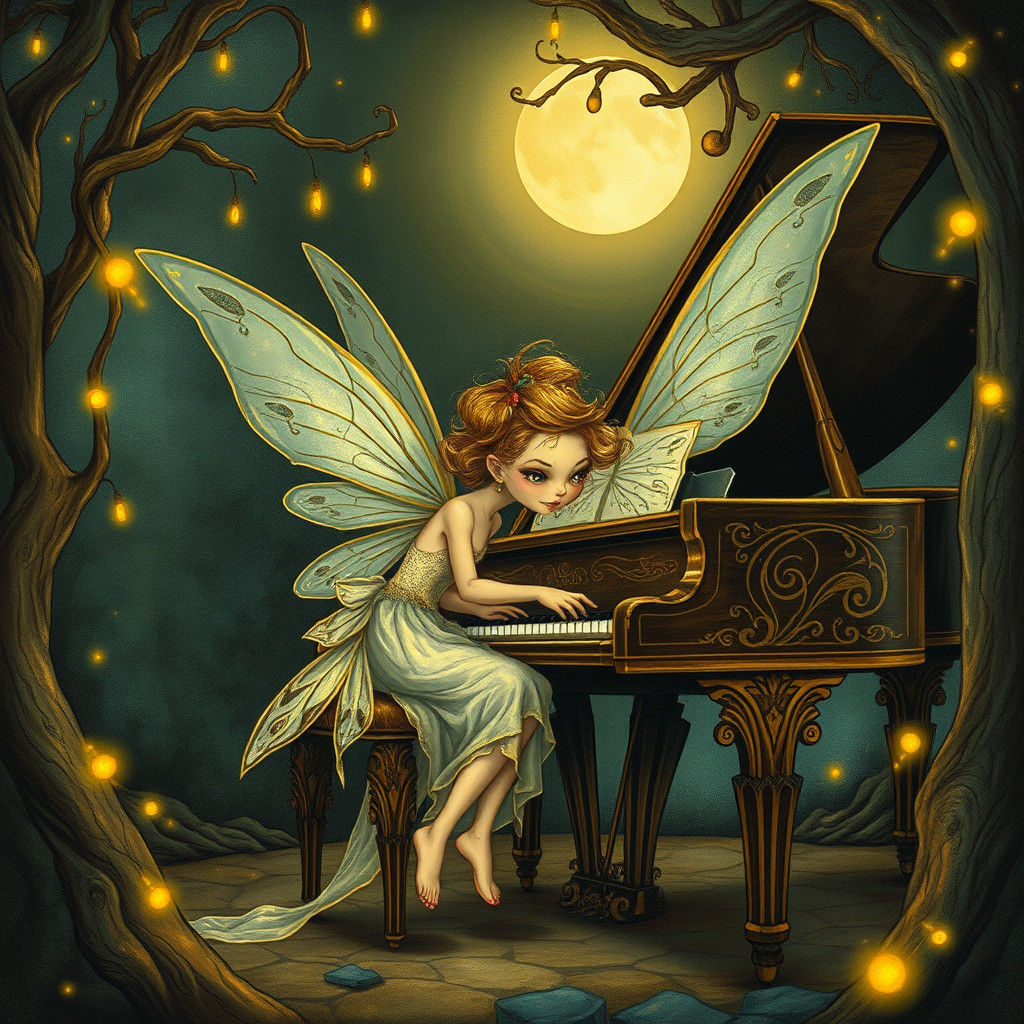 Fairy Pianist in Moonlit Forest, Art Nouveau Style