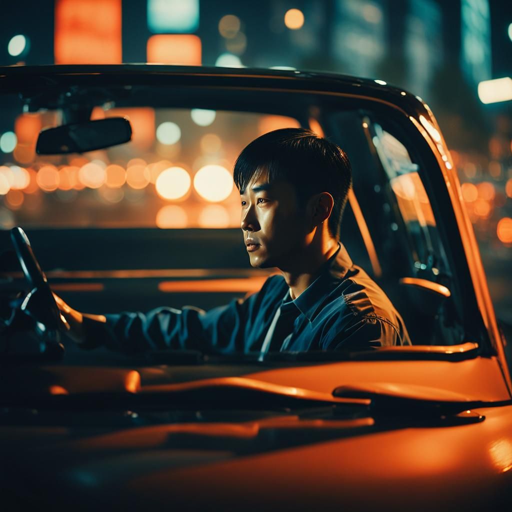 Asian Man Driving at Night: Cinematic Film Still