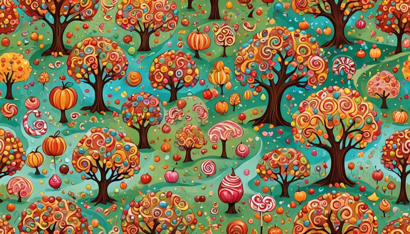 Candyland Autumn Scene with Caramel Apple Tree