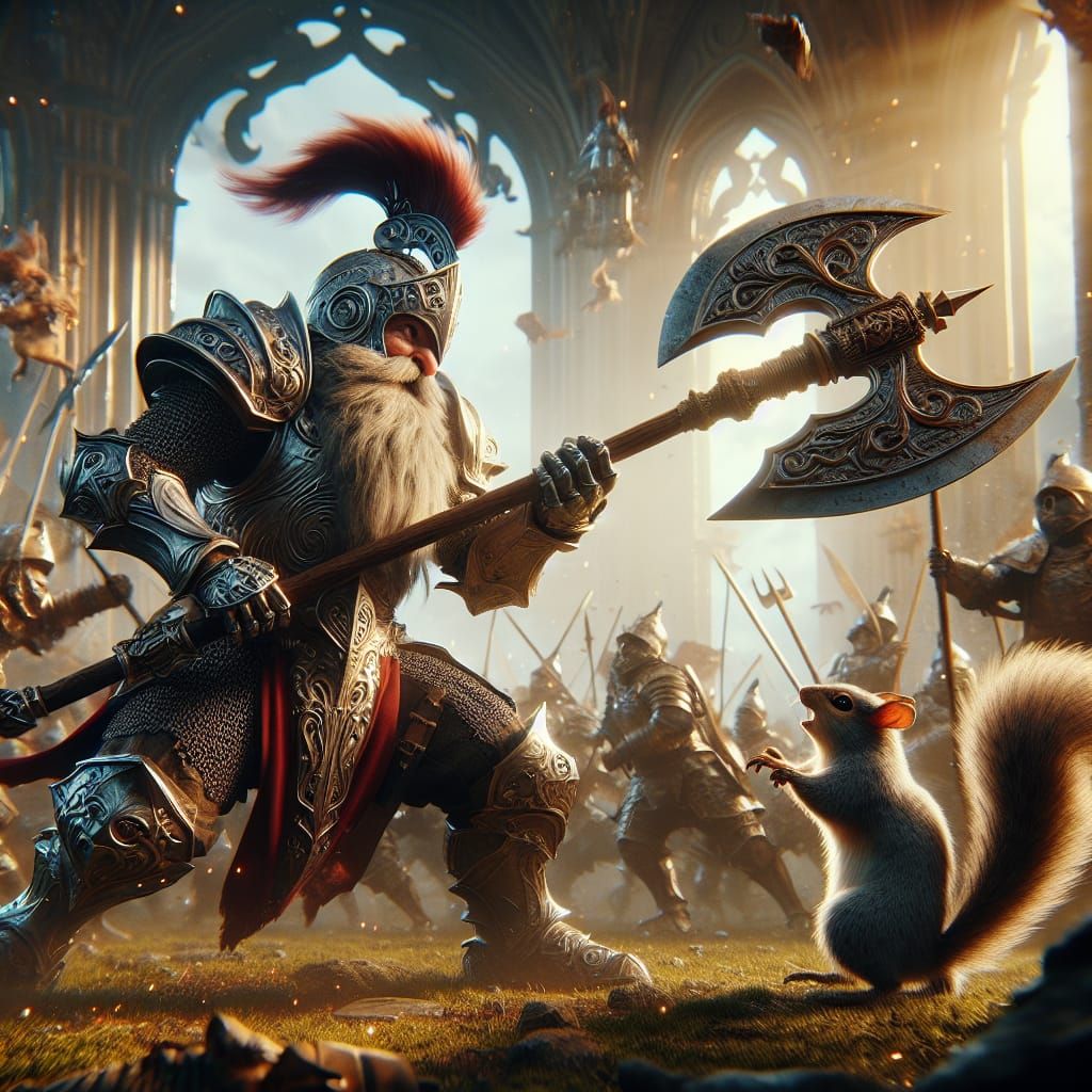 Gnome Warrior vs Squirrel in Hyperrealistic Battlefield