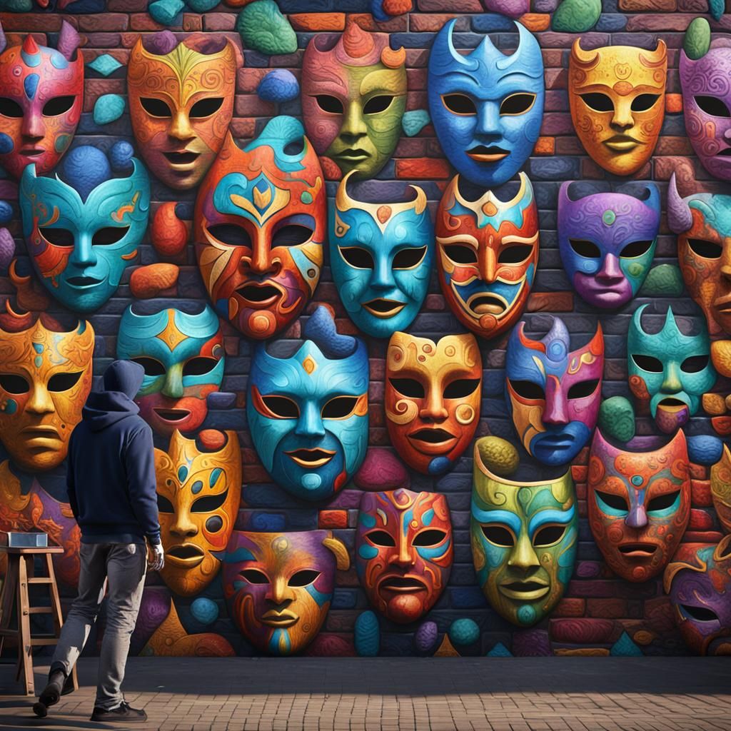 Street Artist's Colorful Mask Mural in Urban Setting