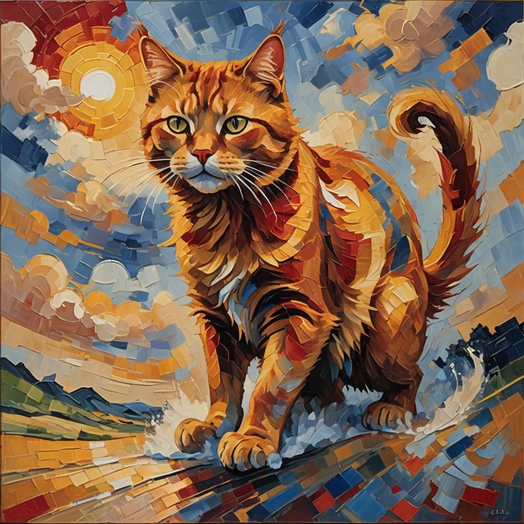 A Van Gogh-inspired oil painting of a red cat in motion, sit...
