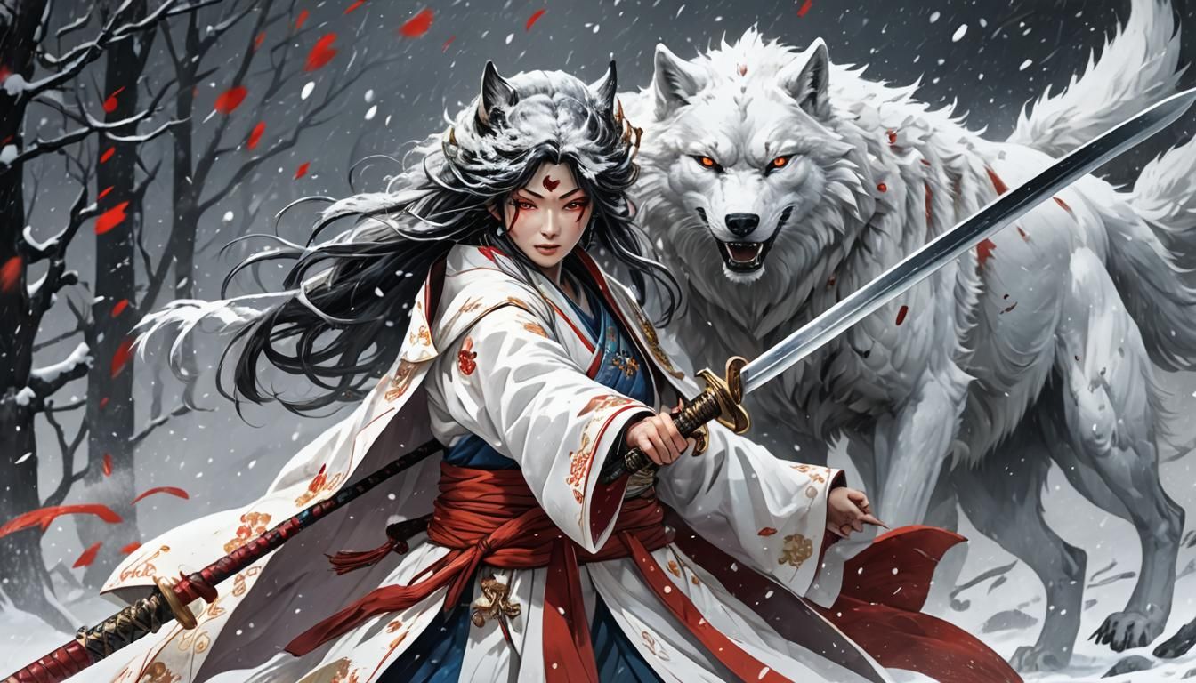 Anime Empress Battles Wolf in Snowy Landscape