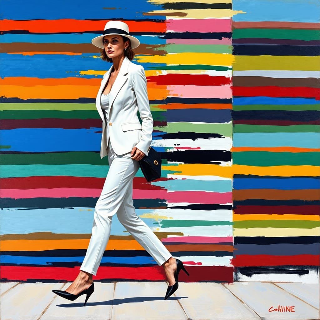 Woman in Striped Building, Neo-Expressionist Oil Painting