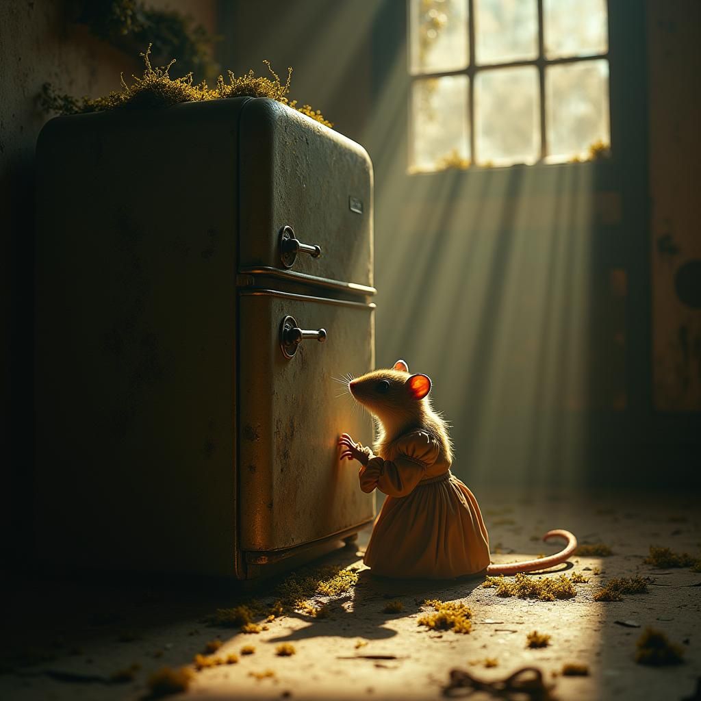 Miniature Woman Hiding in Kitchen, Matte Painting Style