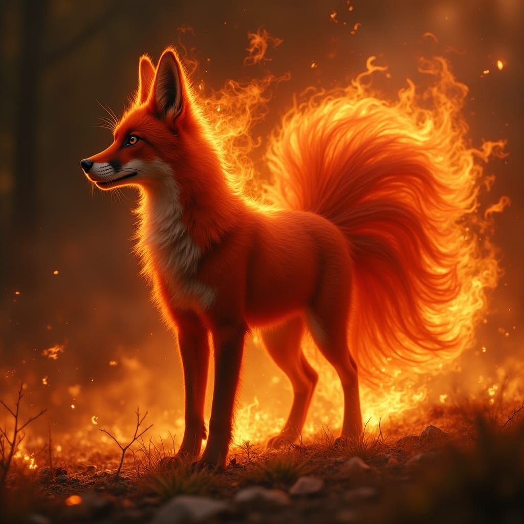 Red Nine-Tailed Fox Amidst Fiery Inferno