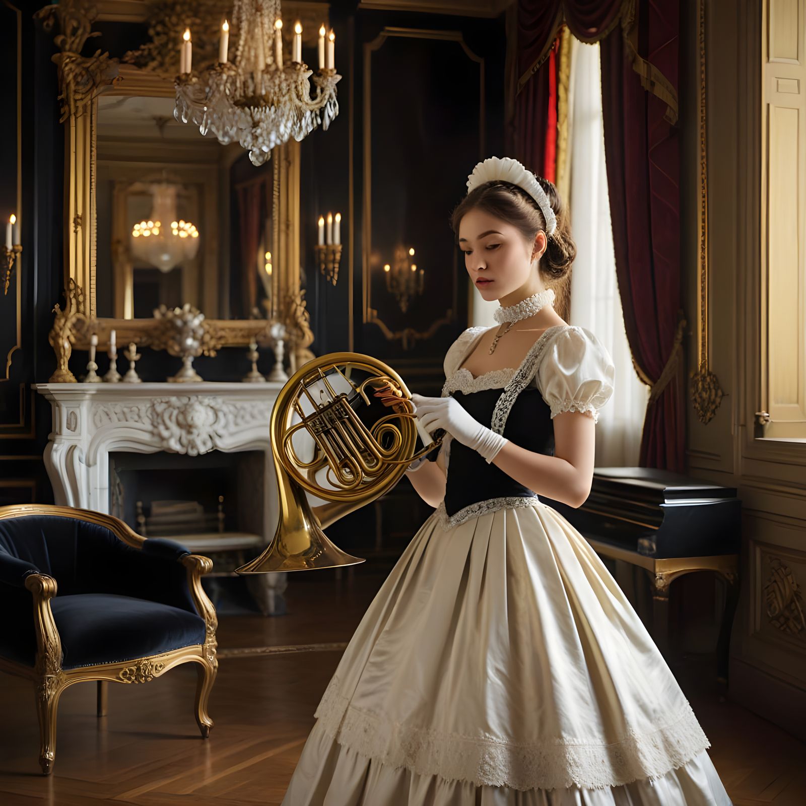 Elegant French Maid in Baroque Salon