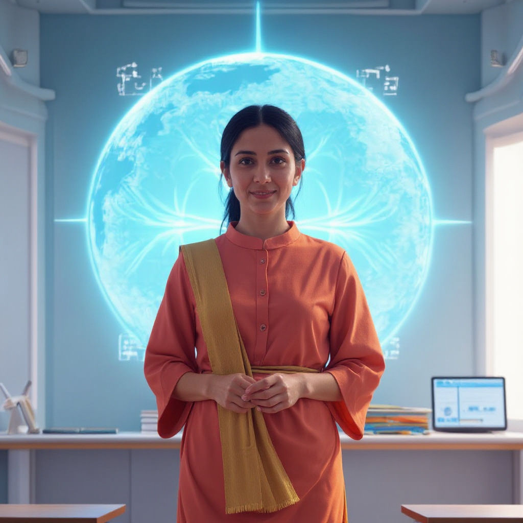 Indian Teacher in Futuristic Classroom: 3D Anime Art
