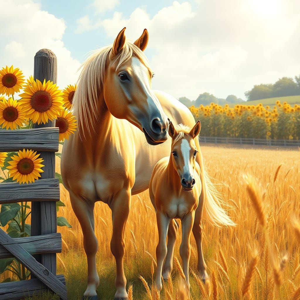 Realistic Haflinger Horse and Foal Behind Sunflowers and Whe...