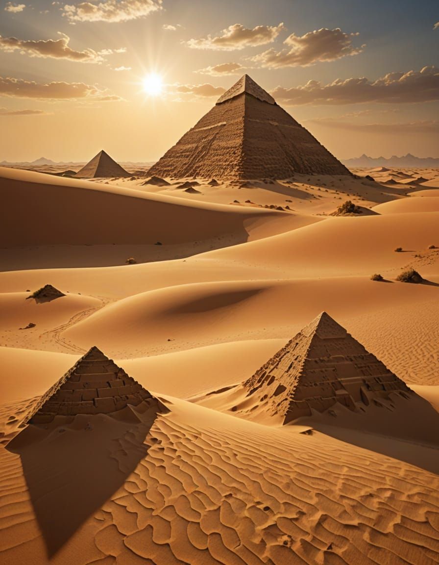 Surreal Desert Pyramids of Meroe in Golden Sunset