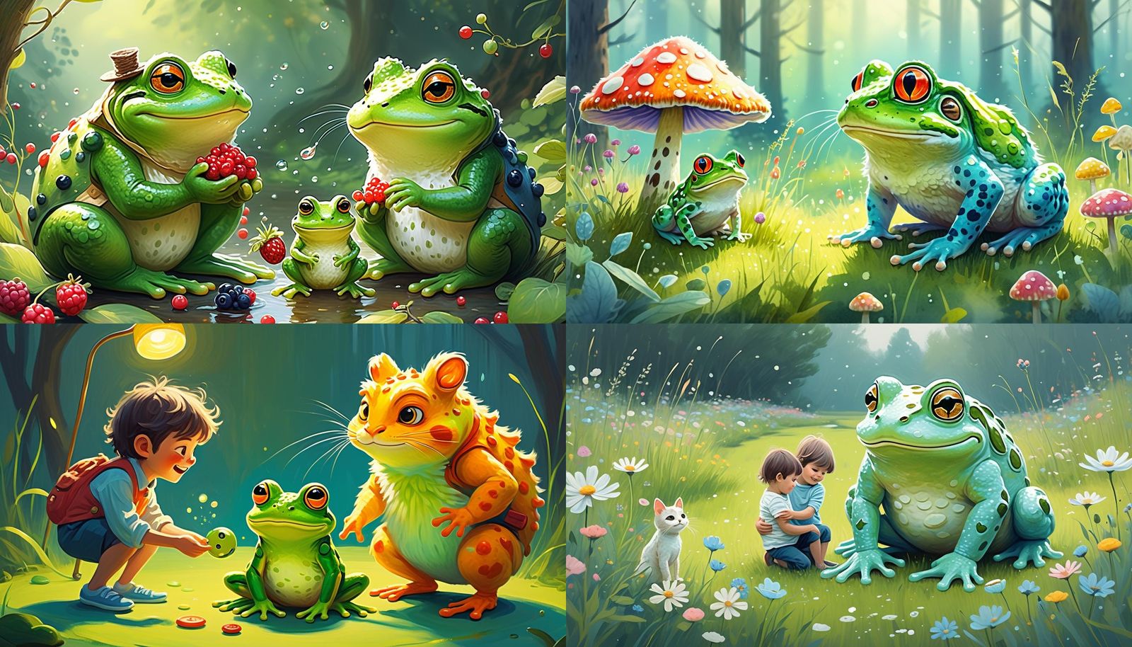 Whimsical Amphibious Feline with Berries and Child