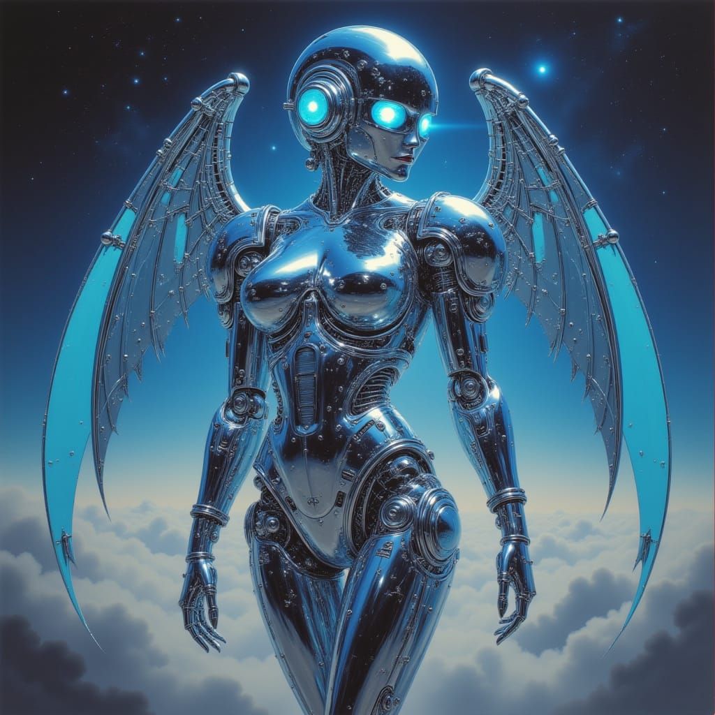 Angel Mecha in Stellarscape with Cyan Eyes