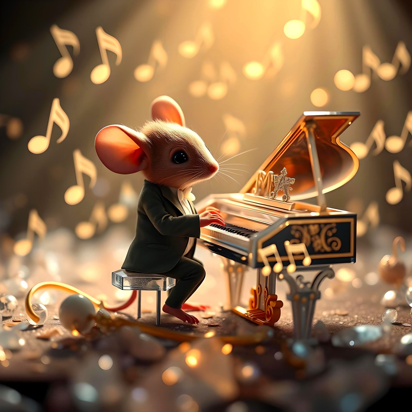 Cute Mouse Baby Plays Piano in Art Nouveau Style