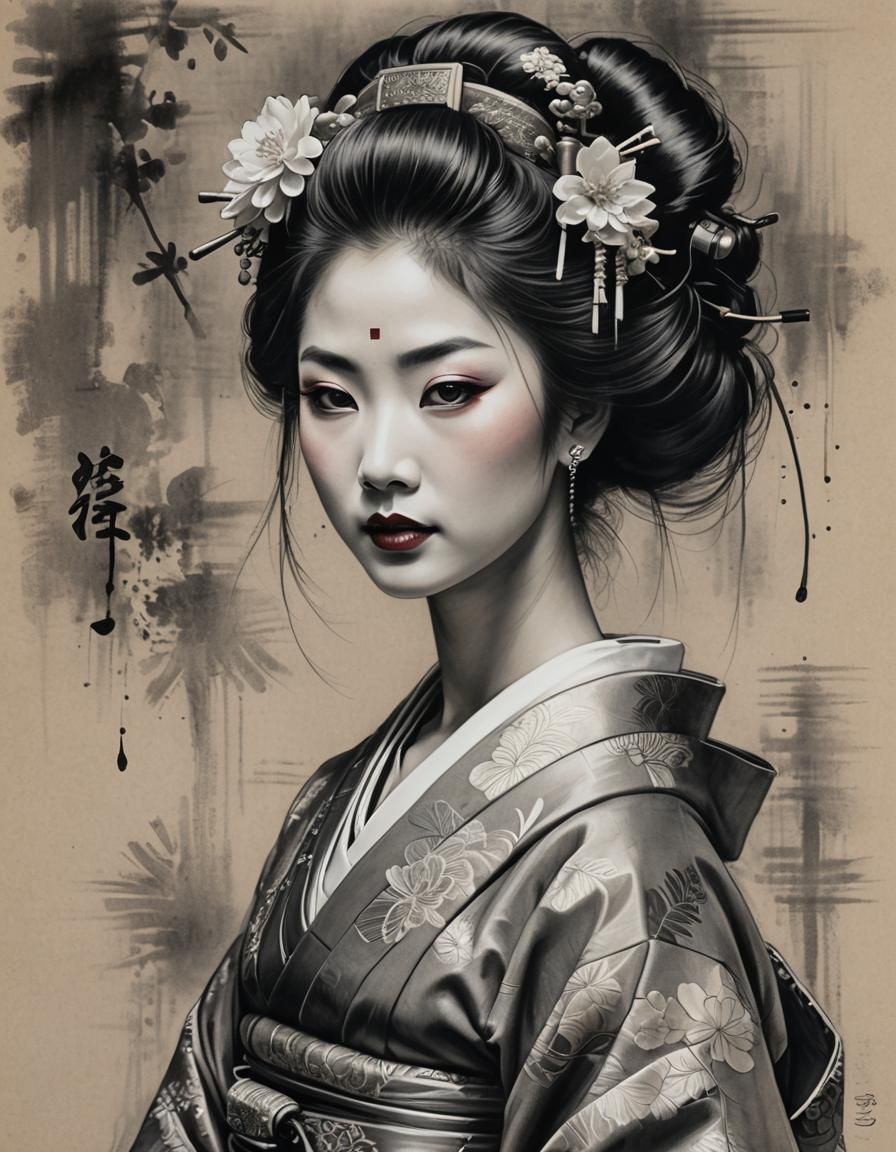 Elegant Geisha Portrait in Detailed Charcoal Sketch