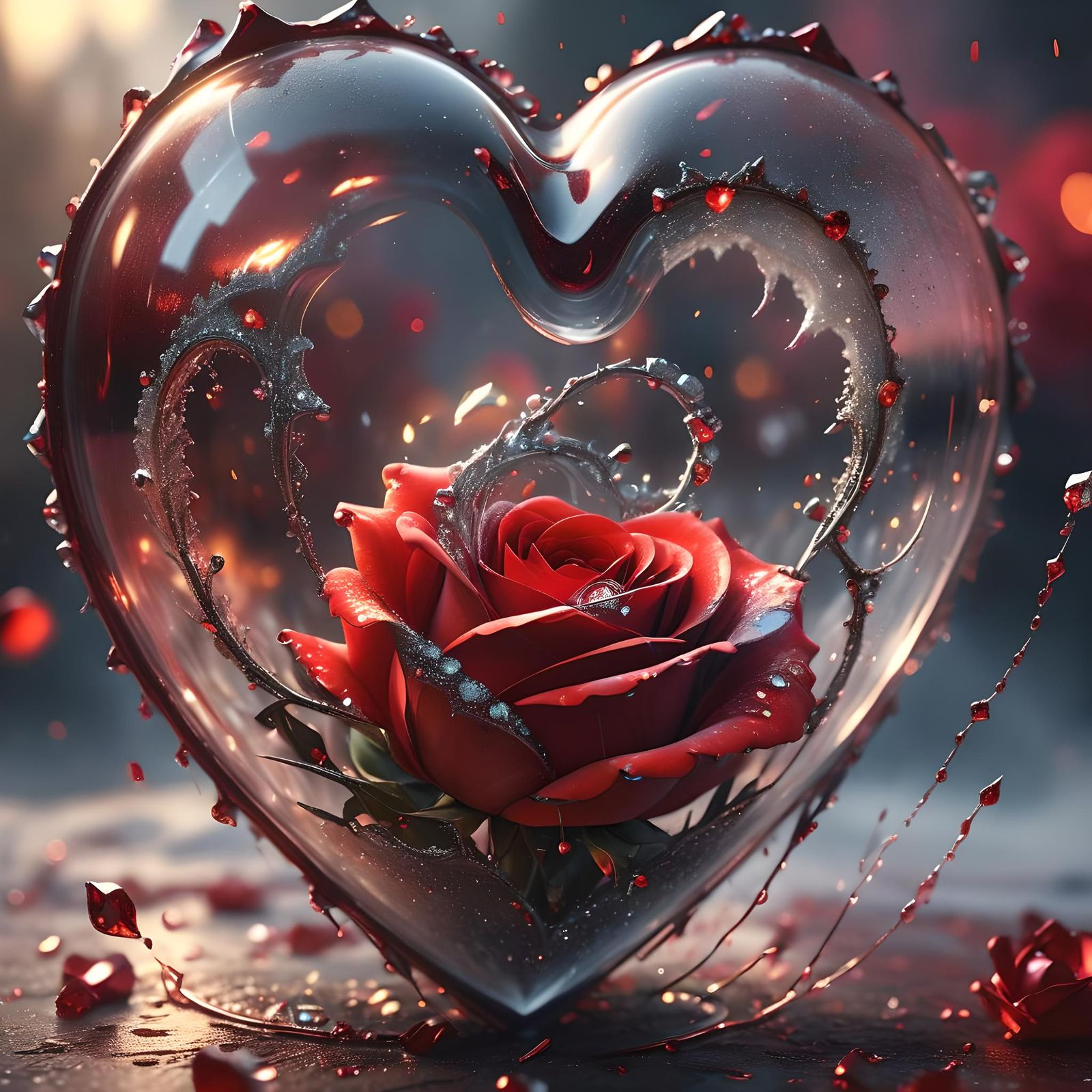 Glitter Rose in Glass Heart with Diamond Drips