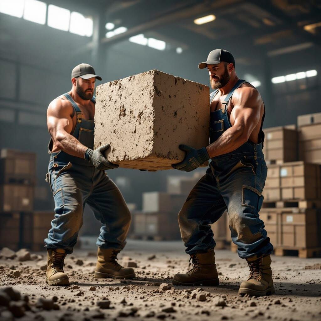 Dockworkers Carry Heavy Minecraft Dirt Cube in Warehouse
