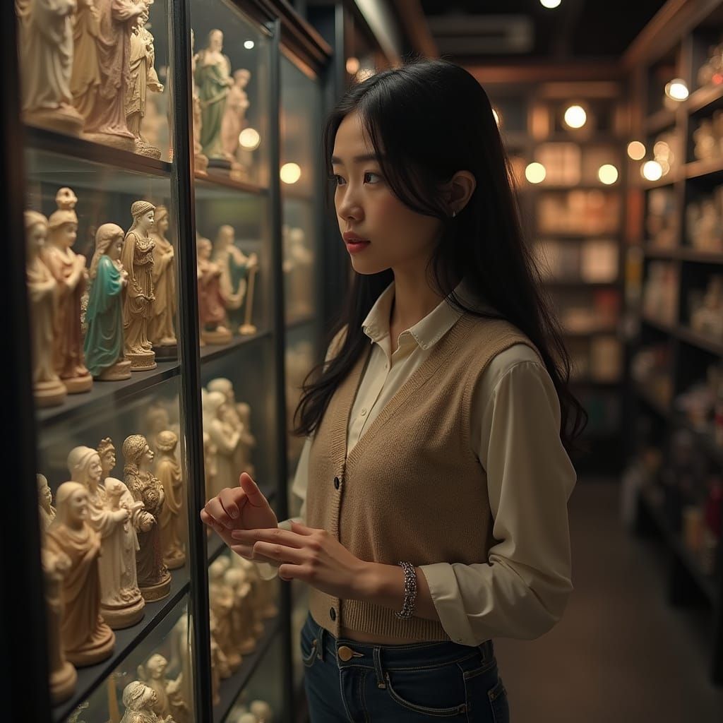 Asian Woman Browses Occult Shop Shelf