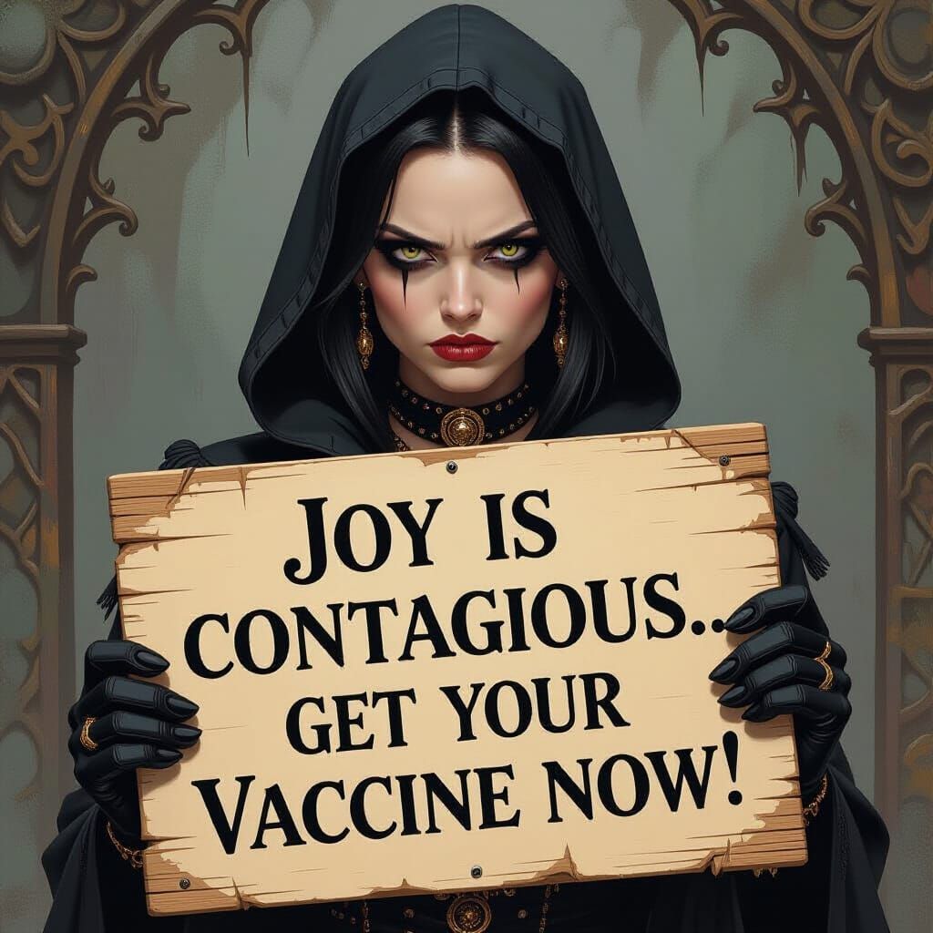 Goth Woman's Pro-Vaccine Message in Fantasy Art Style