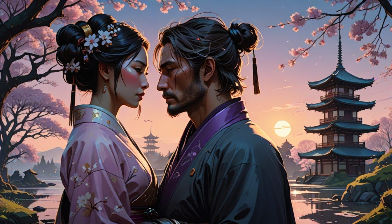 Samurai and Geisha Kiss in Moonlit Garden, Watercolor Art