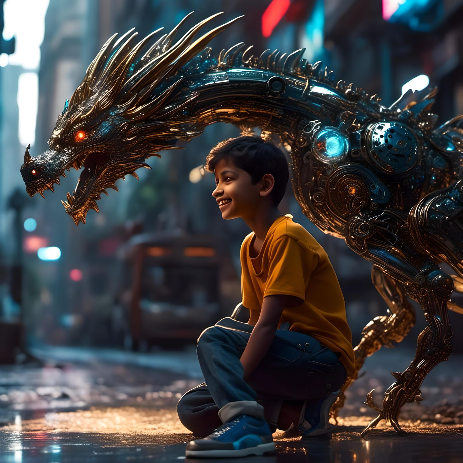 Happy Boy and Cyberpunk Dragon in Mumbai
