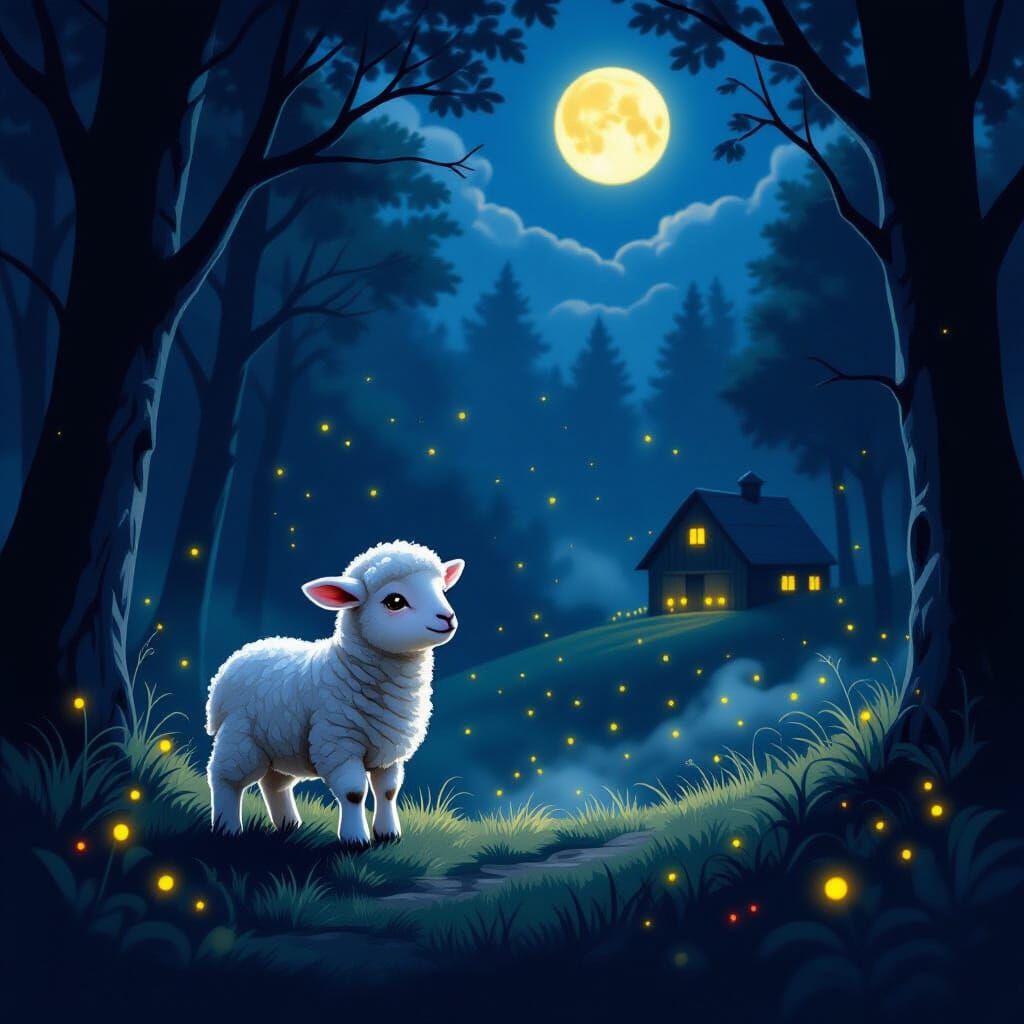 Lamb at Forest Edge in Eerie Storybook Style