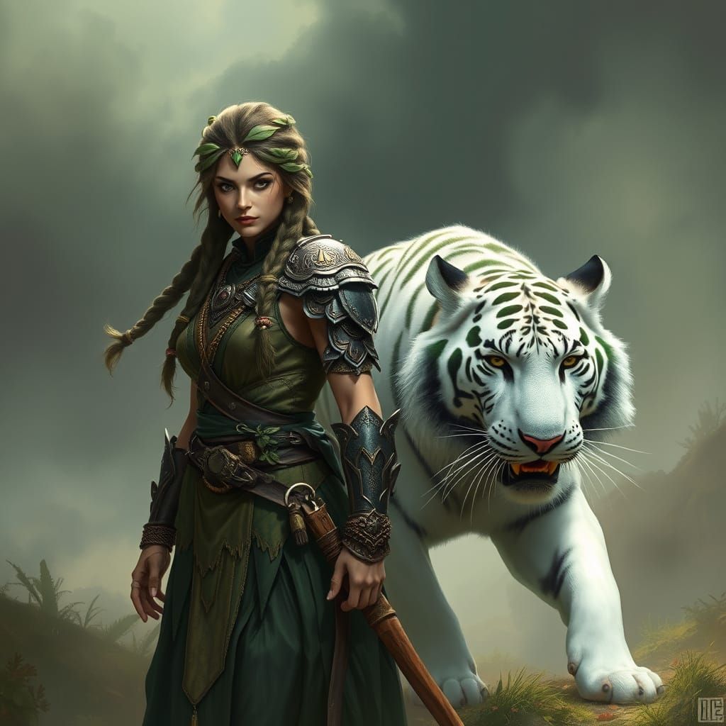 Warrior Queen and Tiger in Mystical Forest