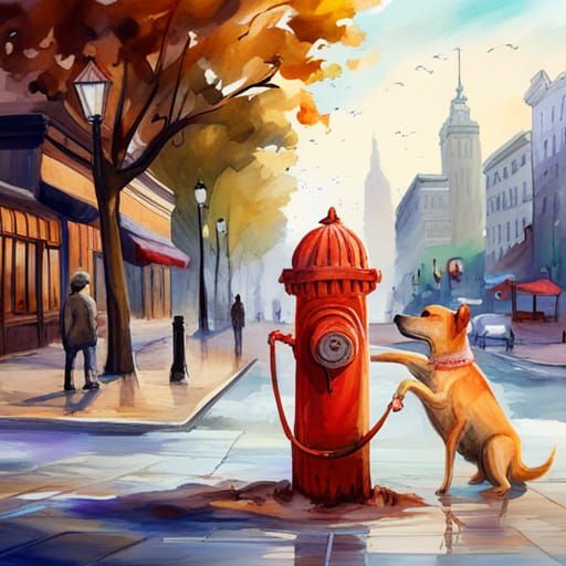 Watercolor Dog Sniffing Hydrant on White Background