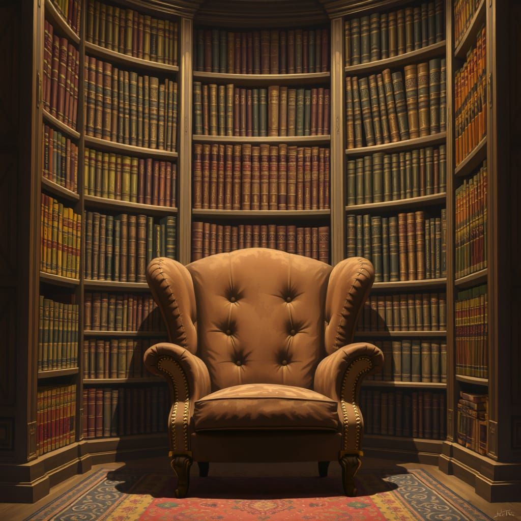 Ornate Bookshelves and Velvet Armchair
