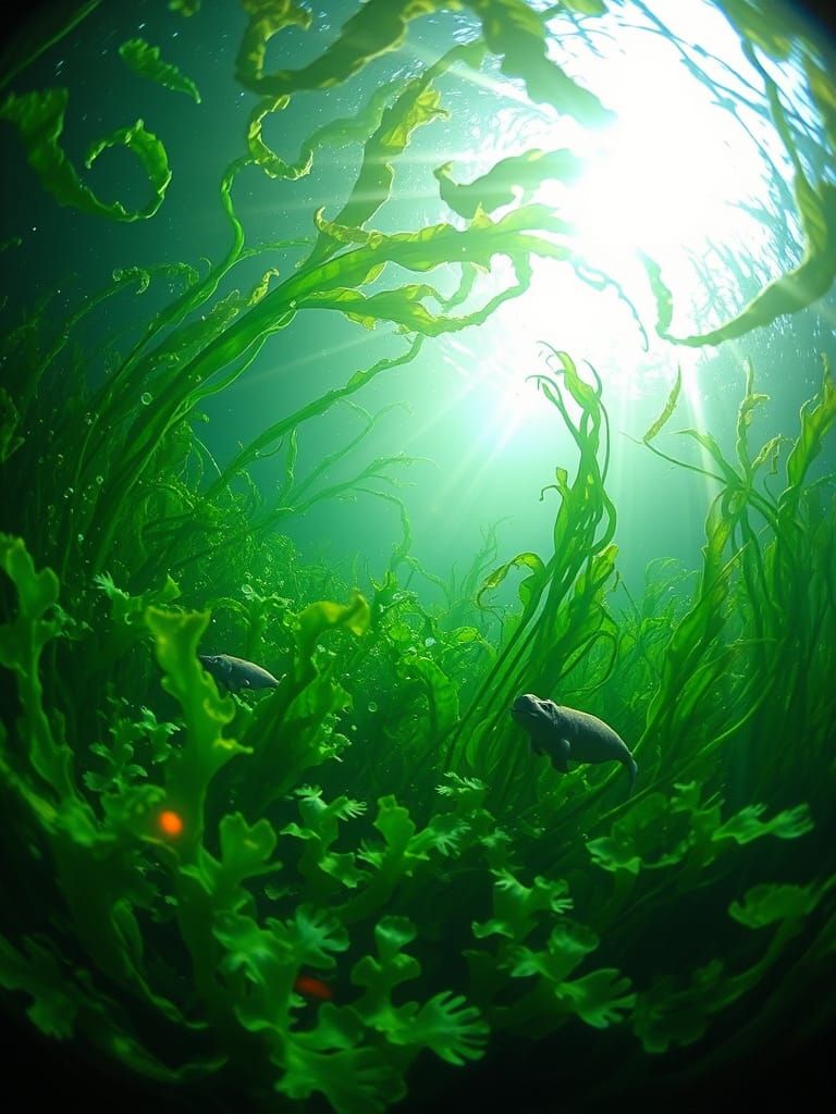 Surreal Kelp Forest with Hippos in Alcohol-Ink Style