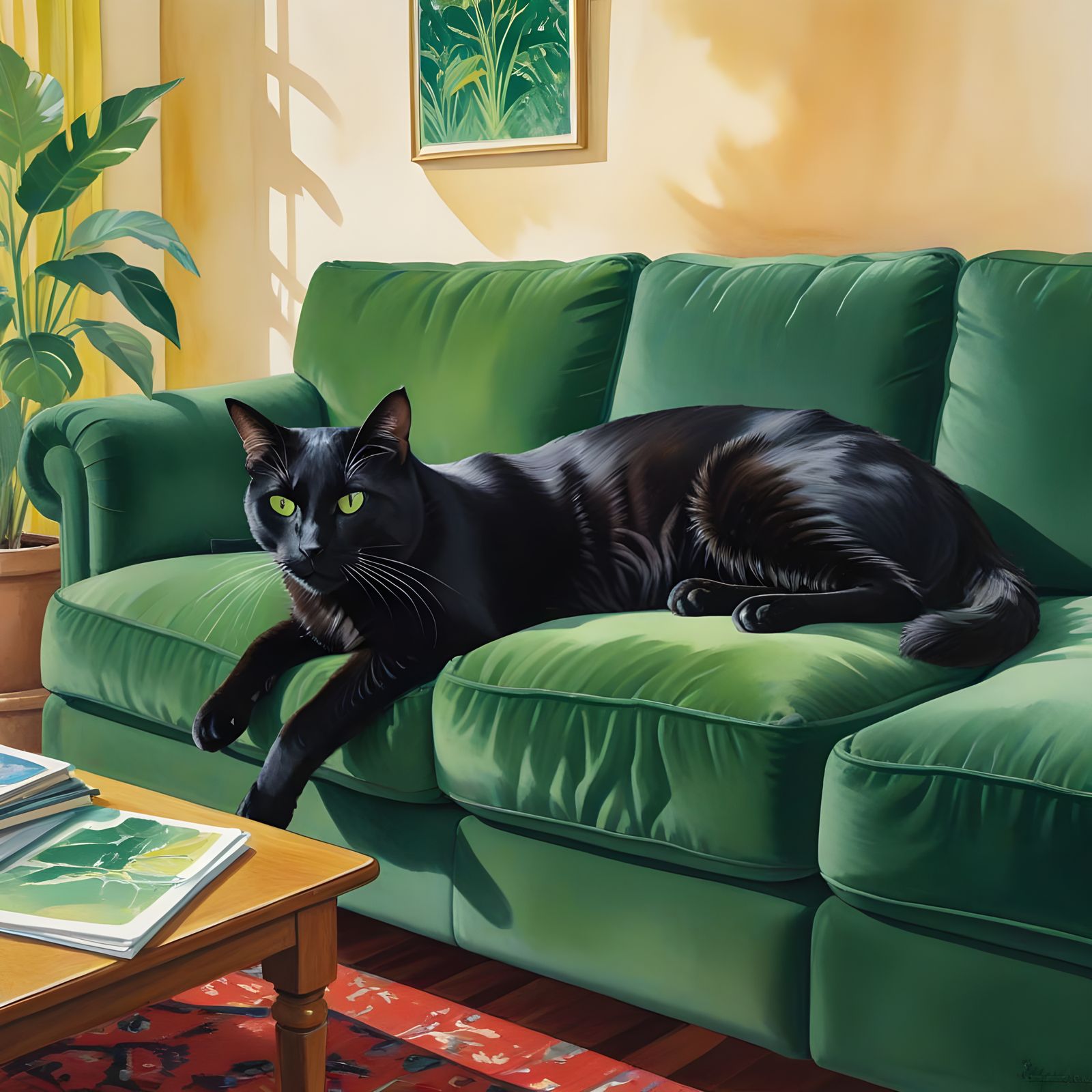 Serene Black Cat in Whimsical Watercolor Style