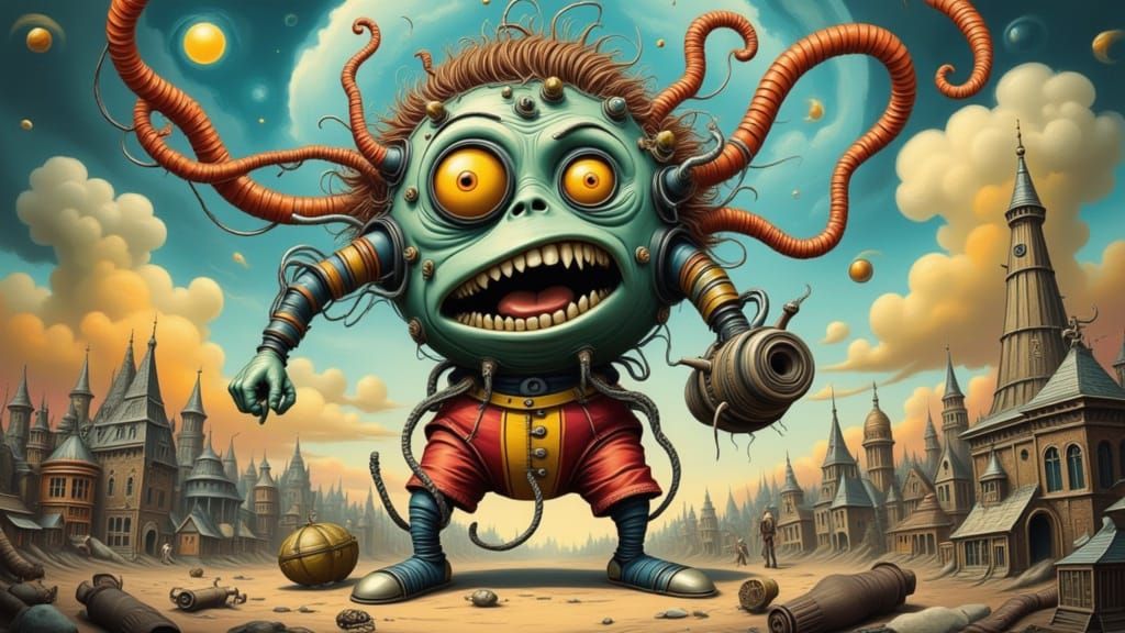 Victorious Robot Over Mad Scientists in Surrealist Style