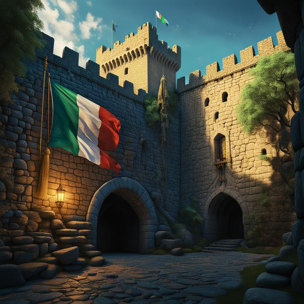Italian Flag Waves in Golden Light on Medieval Castle Wall i...