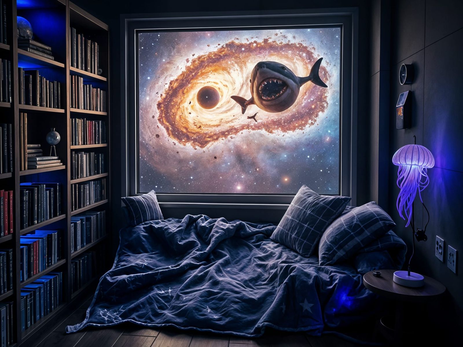 Cozy Reading Nook with Cosmic View: Digital Art