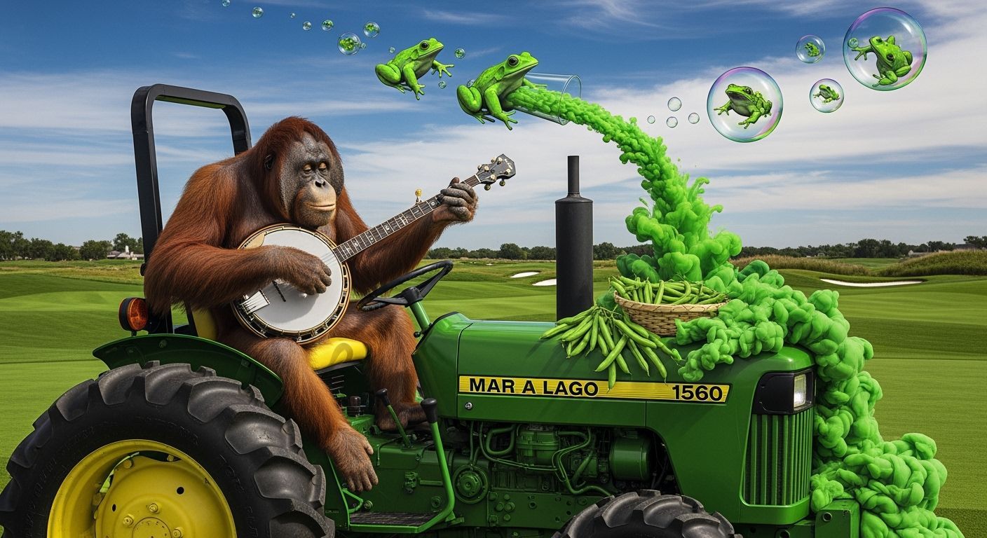 Surreal Orangutan Plays Banjo on Tractor at Mar-a-Lago