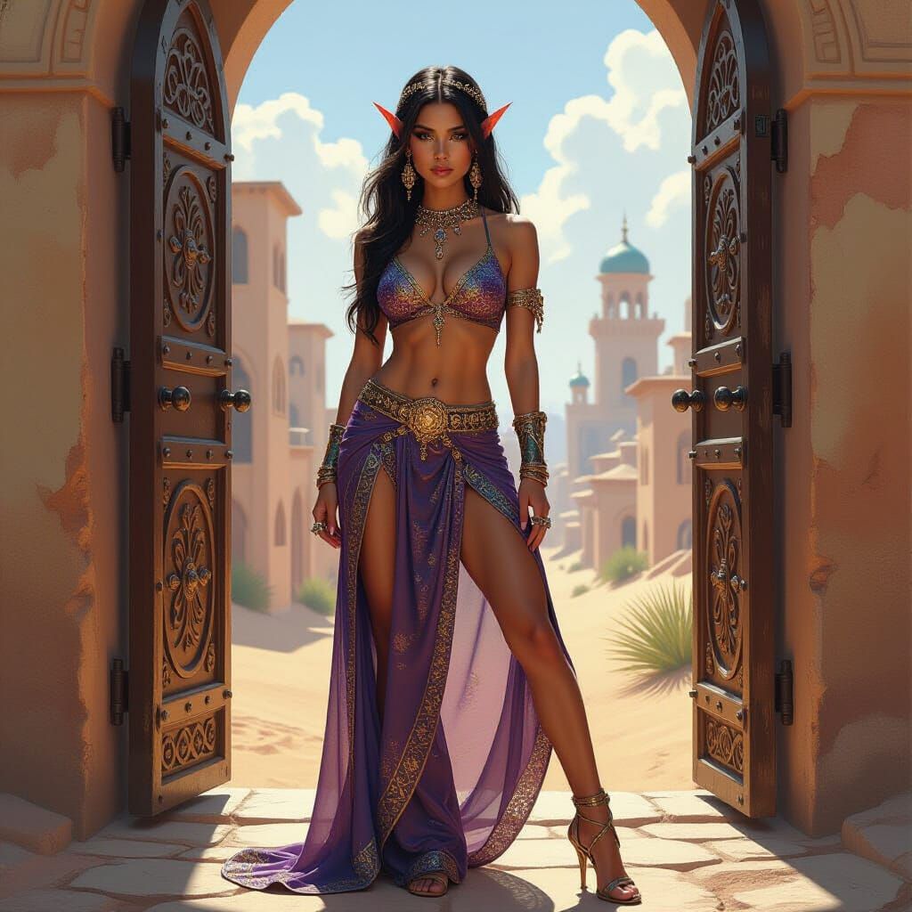 Fantasy Elf at Desert City Gate: Oil Painting
