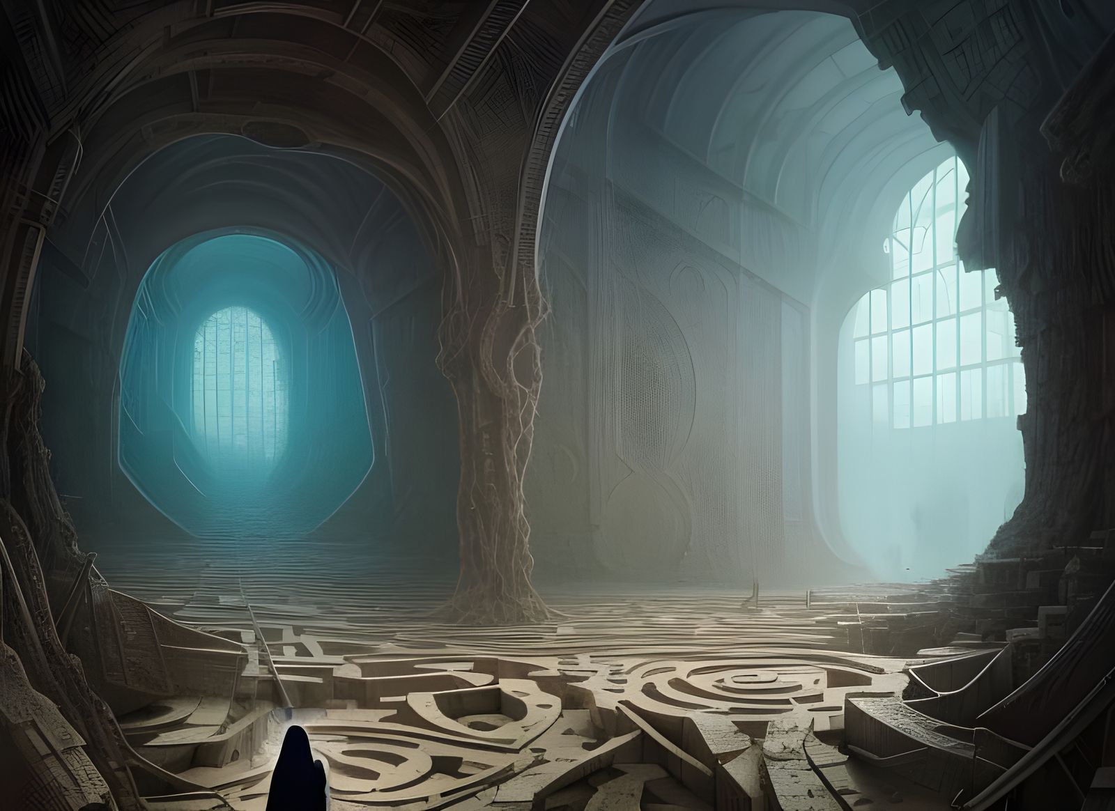 Cloaked Figure in Fractured Geometric Maze