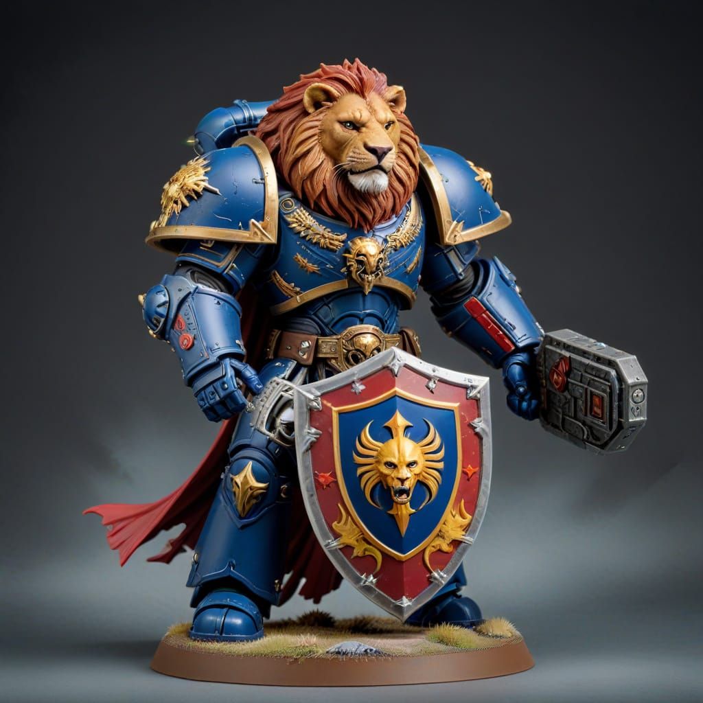Warhammer 40k Space Marine holding a beautiful shield emblazoned with a lion, alien warzone, heraldic shield