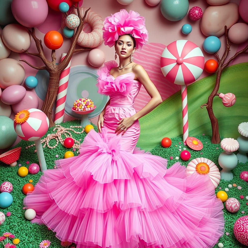 A high-fashion editorial shoot where a model wears a bubblegum pink couture gown, posing against a surreal candyland bac...