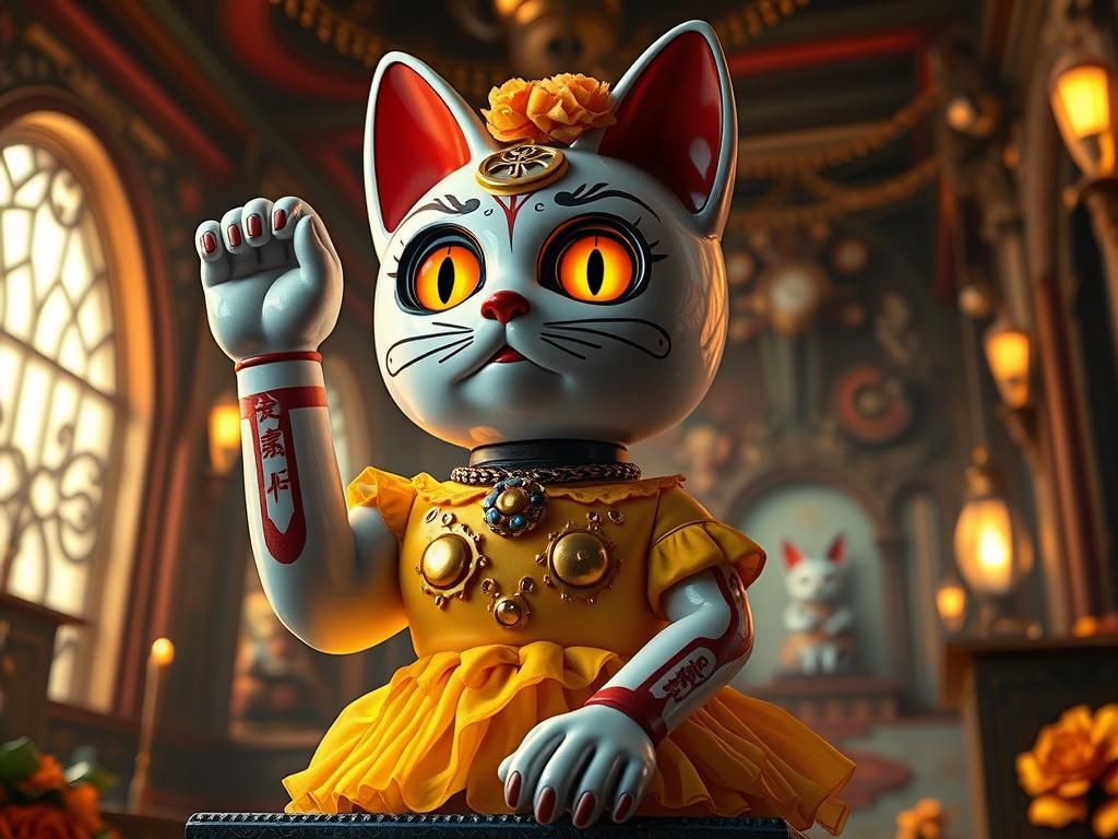 Steampunk Catrina Maneki-Neko in Dia de Muertos Style
