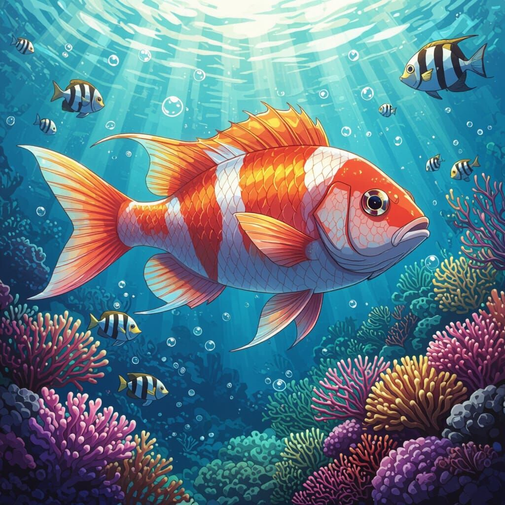 Vibrant Fish in Coral Reef, Manga Scan Style